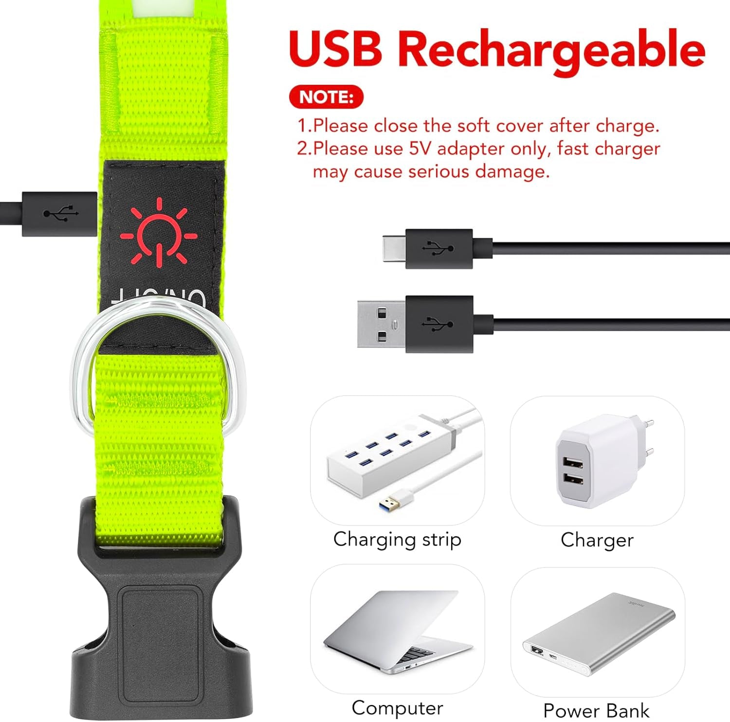 LED Dog Collar, Light up Dog Collar Adjustable USB Rechargeable Super Bright Safety Light Glowing Collars for Dog(Small,Green)